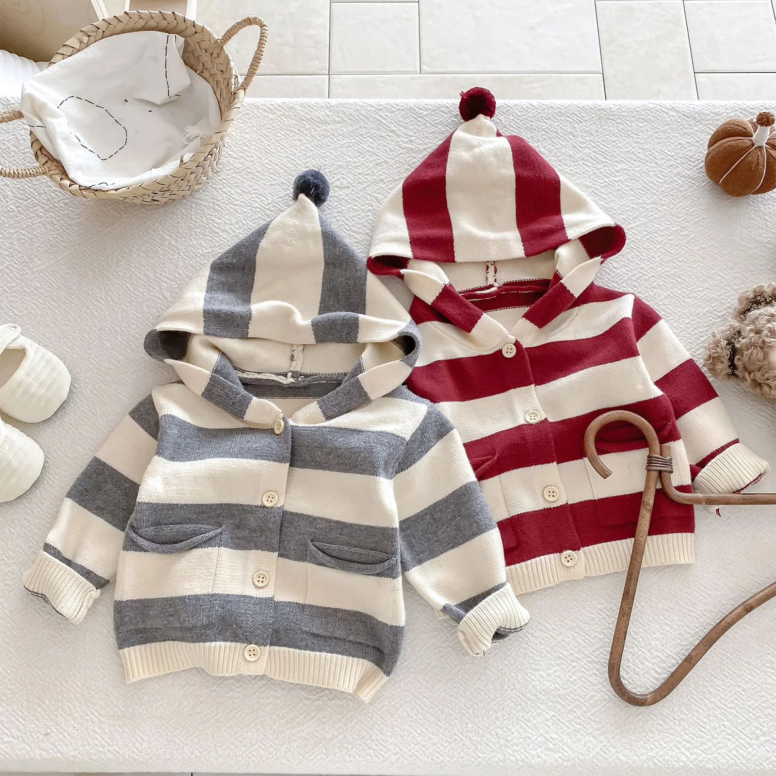 Infant Baby Boys Girls Clothing Spring Autumn New Sweater Set Long Sleeves Button Striped Hooded Knit Cardigan with Overalls