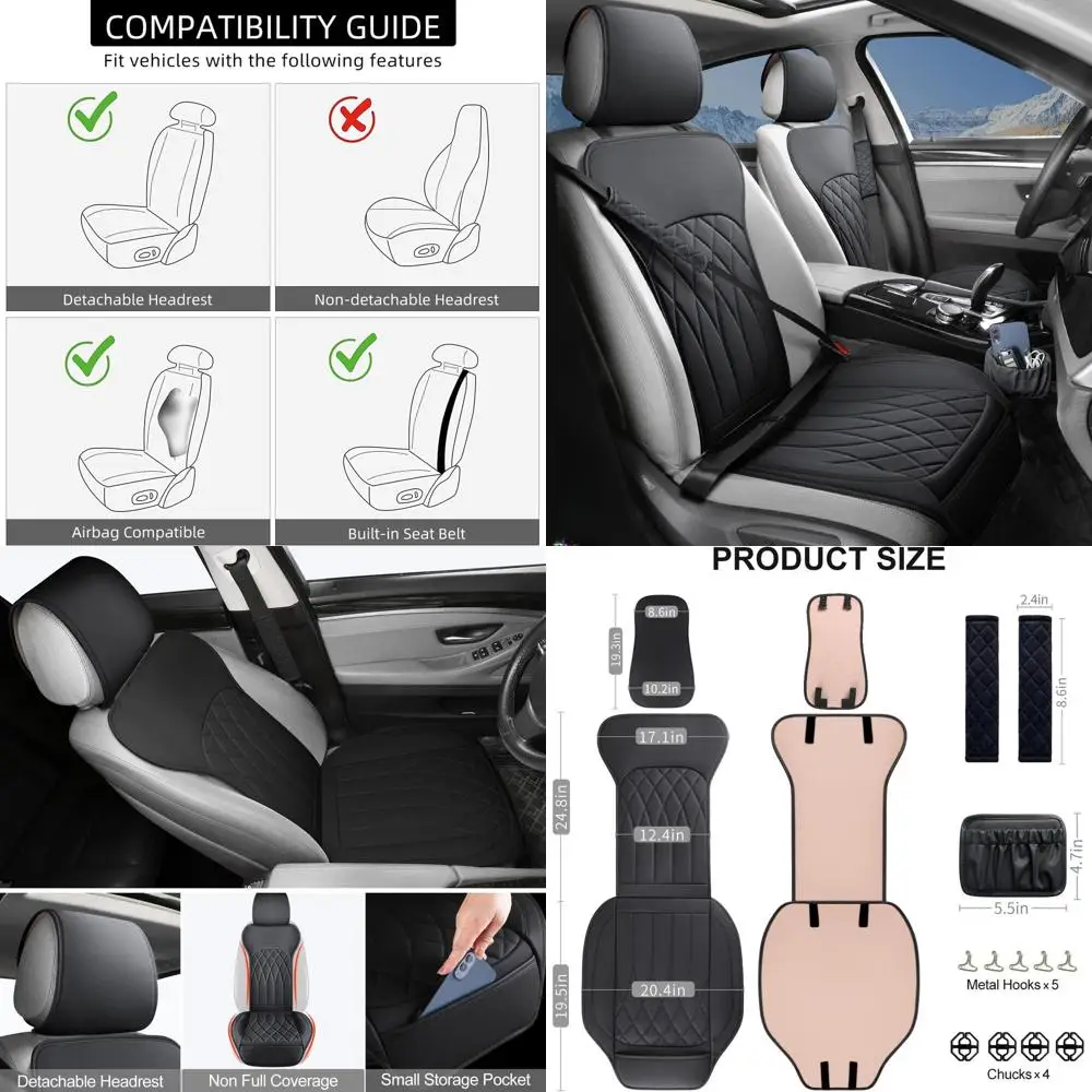 

Black Waterproof Leather Front Car Seat Covers with Side Pockets and Seat Belt Pads for Cars, Trucks, and SUVs