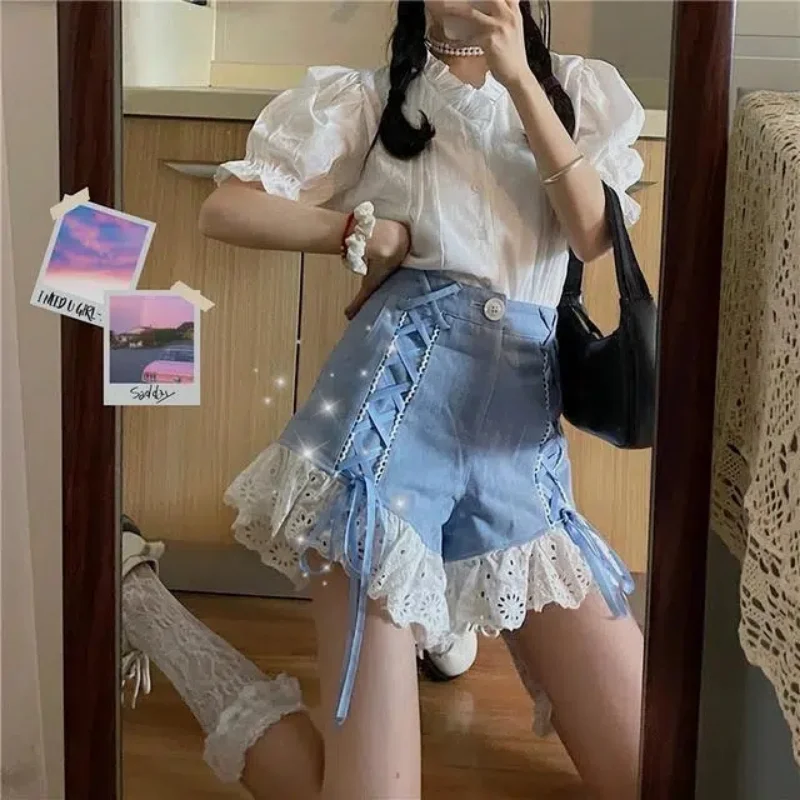 Summer Female Korean Y2k Shorts Version of Lace Sweet Ruffled Patchwork Bandage High Waist Shorts Female Harajuku Punk Shorts