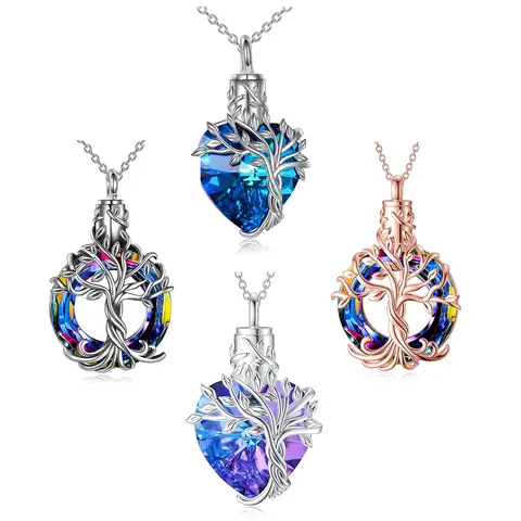 Cremation Jewelry Tree of Life Urn Necklace for Ashes with Crystal Memorial Keepsake Jewelry w/Funnel Filler Gifts for Women