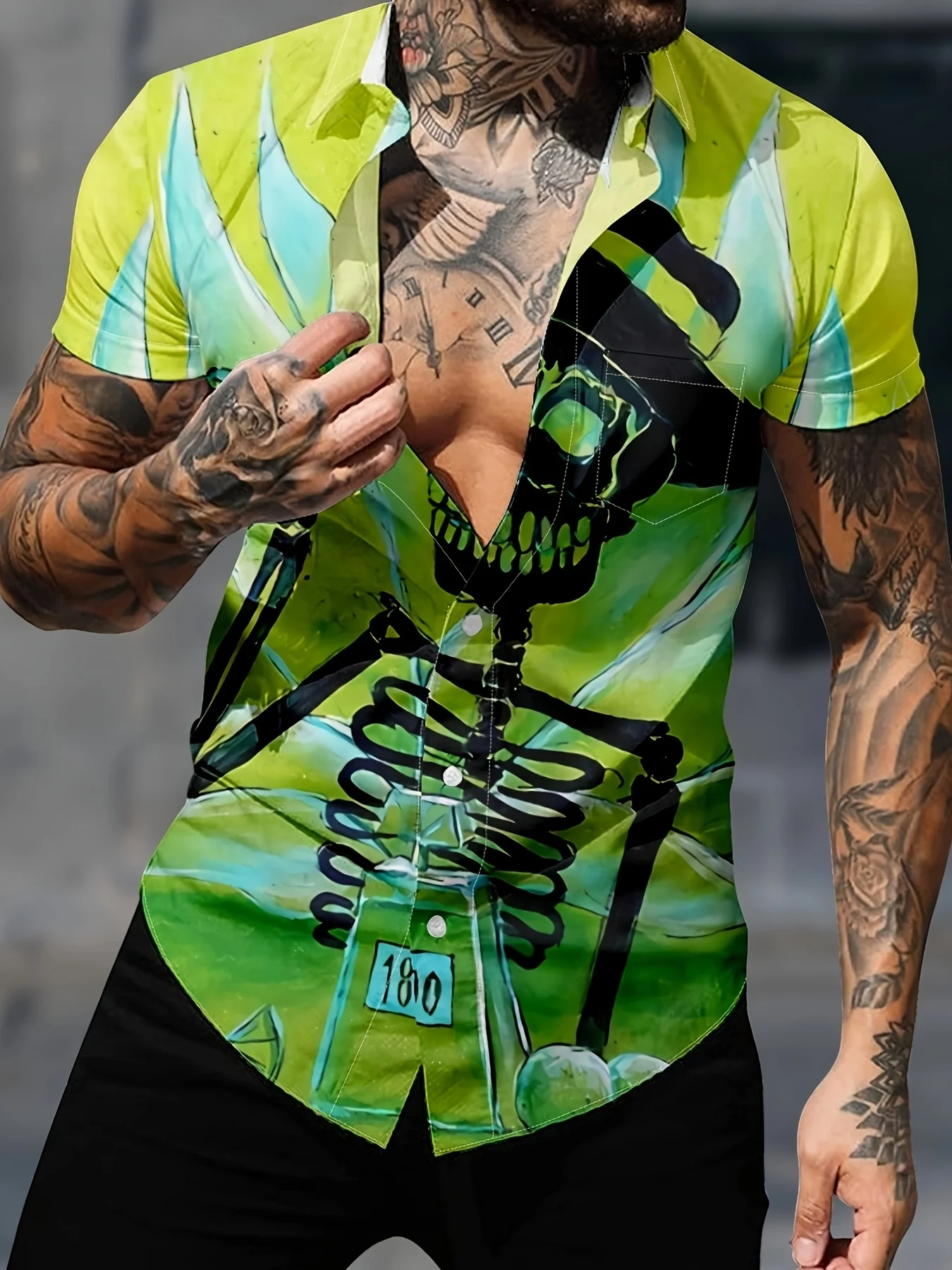 

Men's Hawaiian Pocket Shirt with Skeleton Print -, Breathable Short Summer Casual Outdoor Streetwear, Hawaiian Shirt,