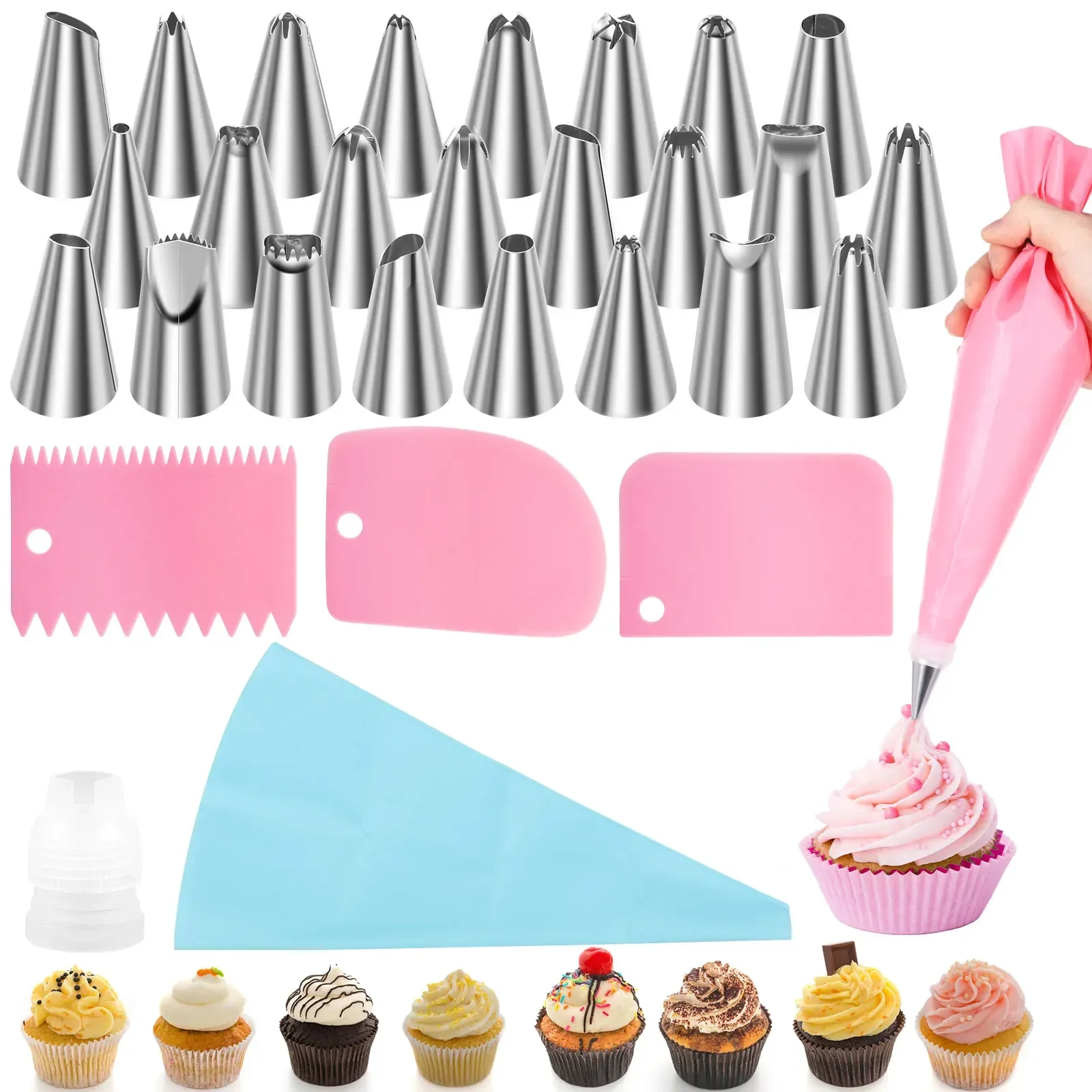 30/126Pcs Piping Bag and Tip Set Stainless Steel Tip and 12 Inch Piping Bag for Cake Decorating, Cupcakes, Cookies Baking Tools