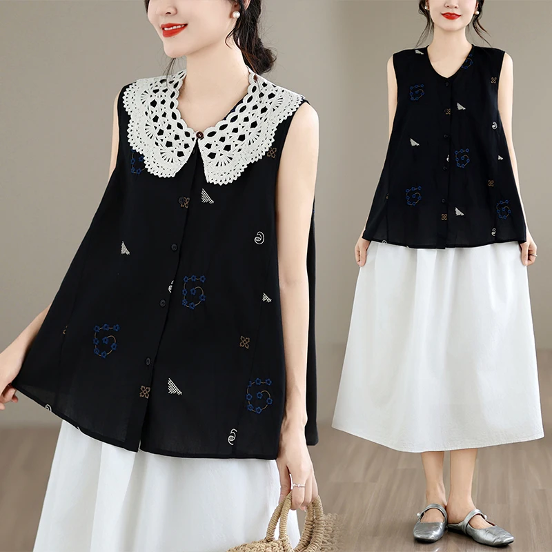Sweet Style Embroidered Detachable Doll Collar Sleeveless Top Women Summer Breathable Loose Versatile Open Cardigan Trendy