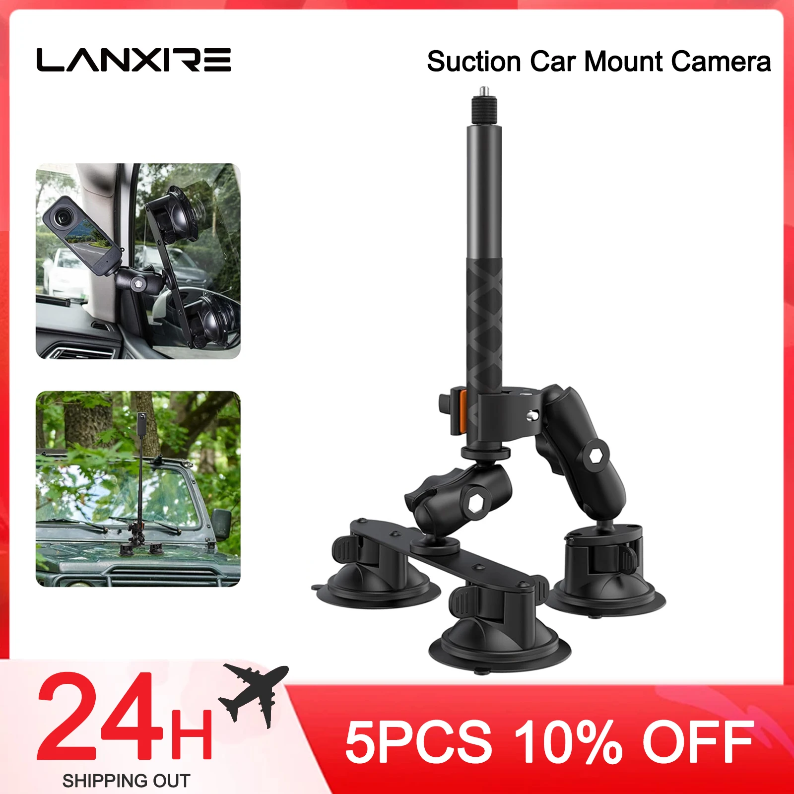 Lanxire Suction Car Mount Camera for Insta360, Suction Cups Mount with 46.4” Invisible Selfie Stick for Insta360 X4/X3, Gopro