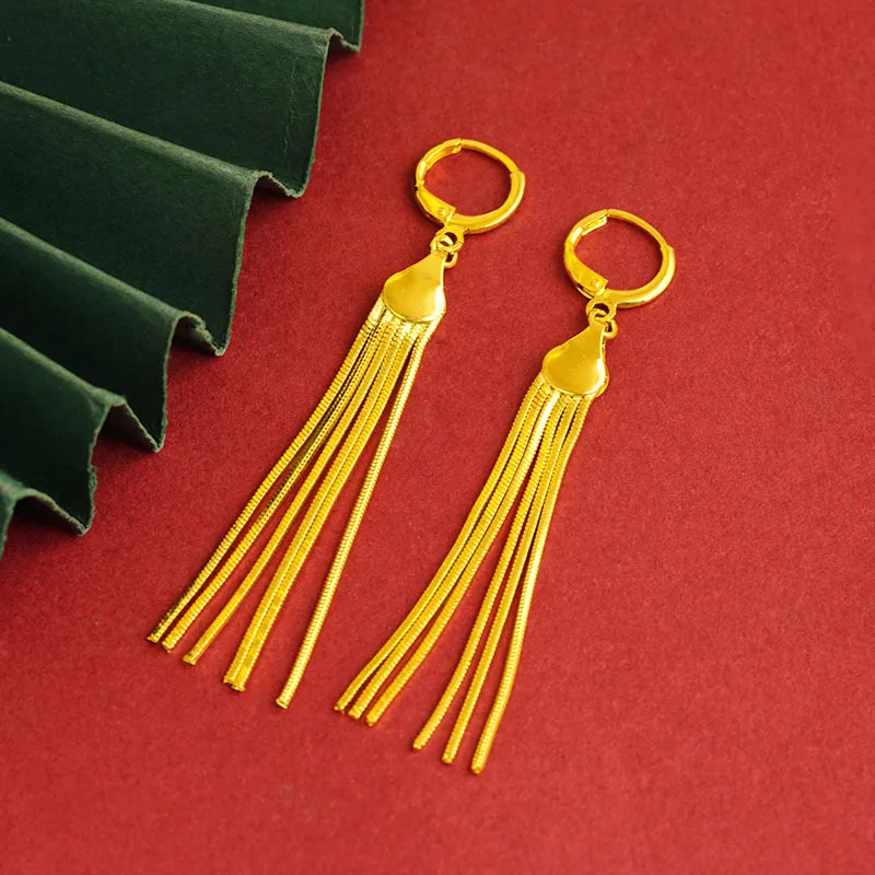 Luxury 24K 9999 Pure Gold real gold Women's exquisite and elegant small ear ring multi-line tassel ear cord