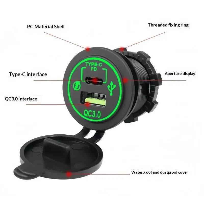 QC PD 3.0 Car Charger Outlet Socket 12V/24V Waterproof with Switch for Car Truck ATV RV Camper Trailer