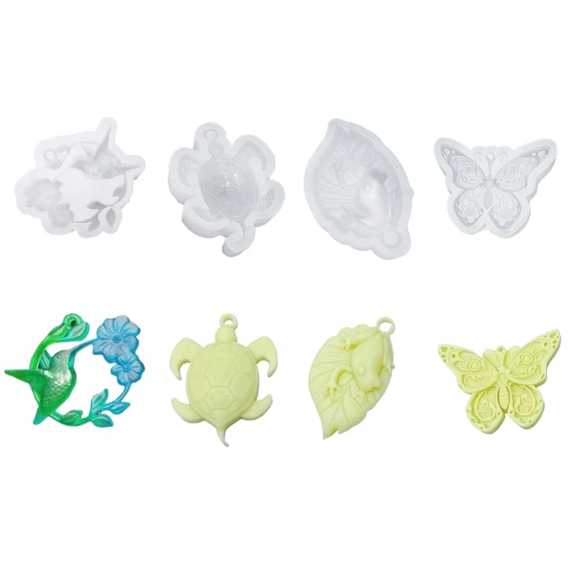 4Pcs Cute Animal Shaped Keychain Silicone Mold with Hole DIY Butterfly Lotus Frog Turtle Hummingbird Keyring Pendants Mould