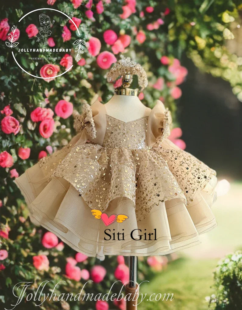 Luxury Flower Girl Dress V Neck Puff Girls Party Dresses for Wedding Short Sleeves Tulle Kids Christmas Ceremonial Dress