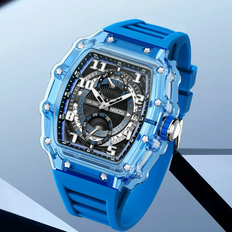 

Часы NIBOSI, мужские часы Tonneau, водостойкий силиконовый ремешок, полые роскошные часы, спортивные мужские кварцевые наручные часы, скелетон Reloj