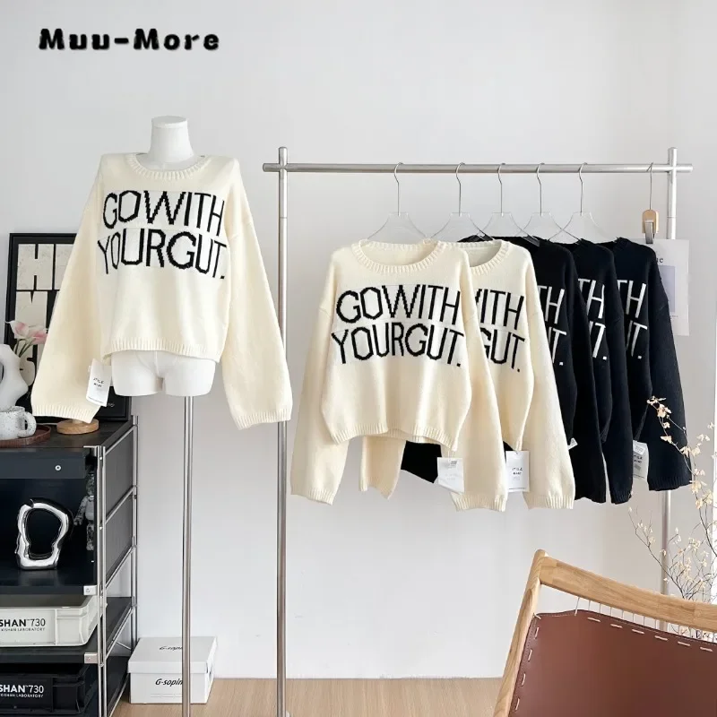 

2023 Winter Casual Letter Print Knitting Long Sleeve Baggy Pullovers For Women Vintage Loose Fit Round Neck Knitwear Sweater Top