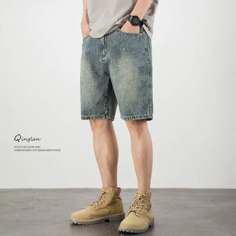 

Летняя дизайнерская мужская одежда, повседневные красивые ретро старые джинсовые шорты с царапинами, мужские прямые свободные полубрюки High Street