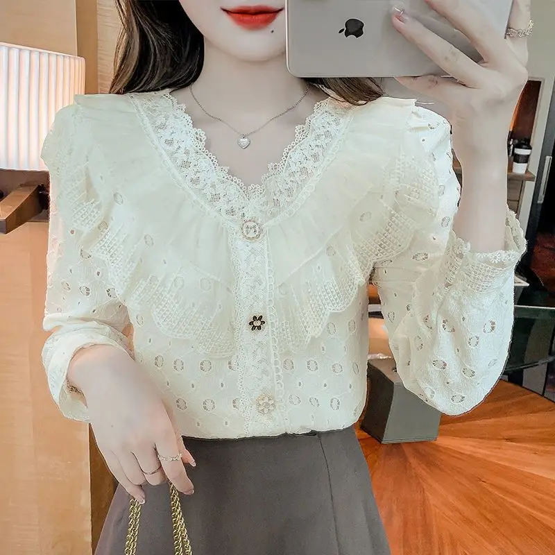 Women\'s Fashion Ruffles Embroidery Lace Hollow Out Button Up Shirt Fairy Sweet Chic Blouse Female Casual V Neck Long Sleeve Tops