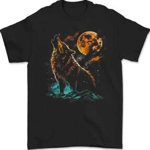 A Wolf Howling With the Moon at Night Mens T-Shirt 100% Cotton