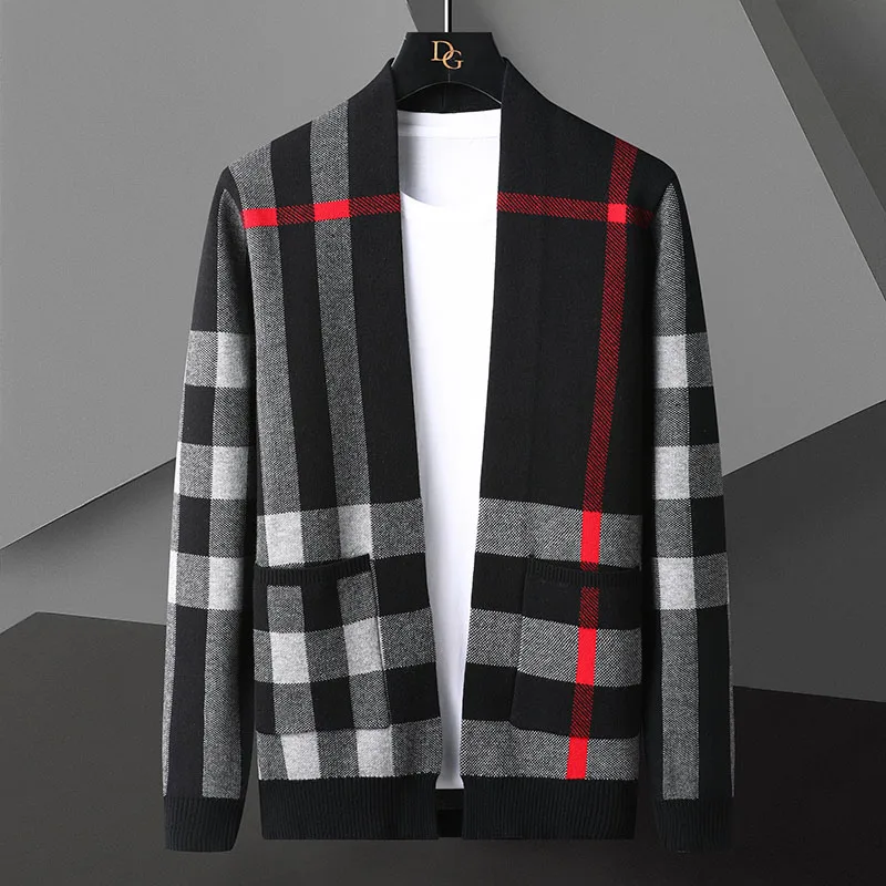 New Fall Winter Luxury Cashmere Cardigan Men England Style Men\'s Sweaters Keep Warm Mens Plaid Cardigans High End Classic Jacket