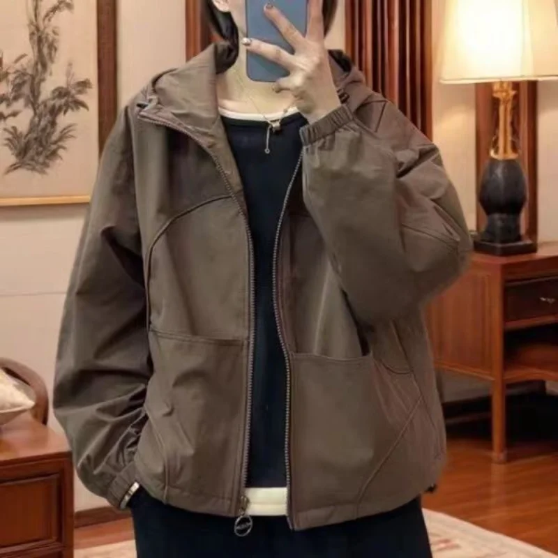 New Spring Autumn New Fashionable Loose Hooded Short Versatile Large Pocket Temperament Top Double Coat Squirting Jacket