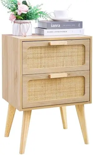 

Rattan Nightstand,Boho Bedside Table,End Table,Side Table with 2 Hand Made Rattan Decorated Drawers,Wood Accent Table with Stora