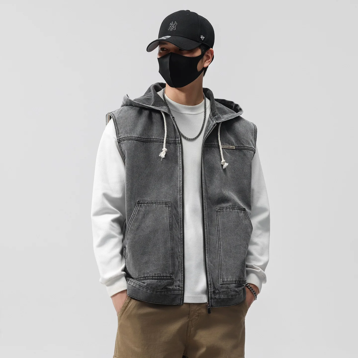 Men's Oversized Hoodie Denim Vest Jacket, Drawstring Hood Zip Front Sleeveless Washed Jean Pocket Casual Outer Waistcoat