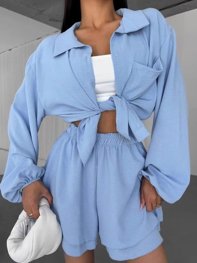 

Fashion Ruffle Edge Shorts Two-piece Set Spring Summer Women's Clothing Long Sleeved With Pocket Top Casual Shorts Set For Women