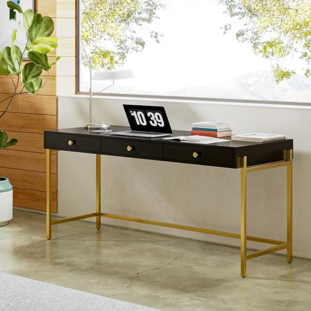 Mesas de escrita com 3 gavetas, mesa de escritório, maquiagem vaidade, branco moderno e dourado, 62in