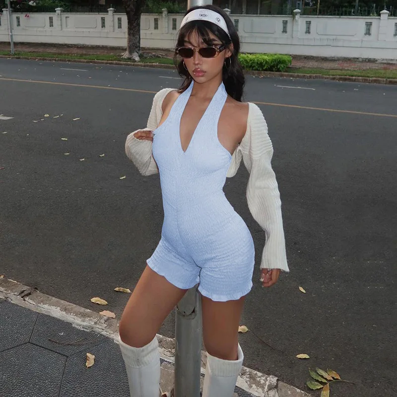 

2025 Summer New Women's Clothing V-neck Neck Halter Strap Fungus Edge Solid Color Slim-fitting Sexy Jumpsuit