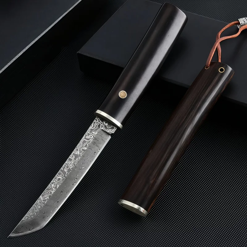دمشق الصلب VG10 صلابة عالية الأبنوس الحاد سكين مستقيم للتخييم في الهواء الطلق بقاء الدفاع عن النفس سكينة للاستعمال الخارجي
