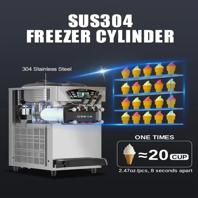 Commercial Ice Cream Maker 22-30L/H 2300W Countertop Soft Serve Machine 2x6L Hopper 2L Cylinder LCD Panel Puffing Shortage Alarm