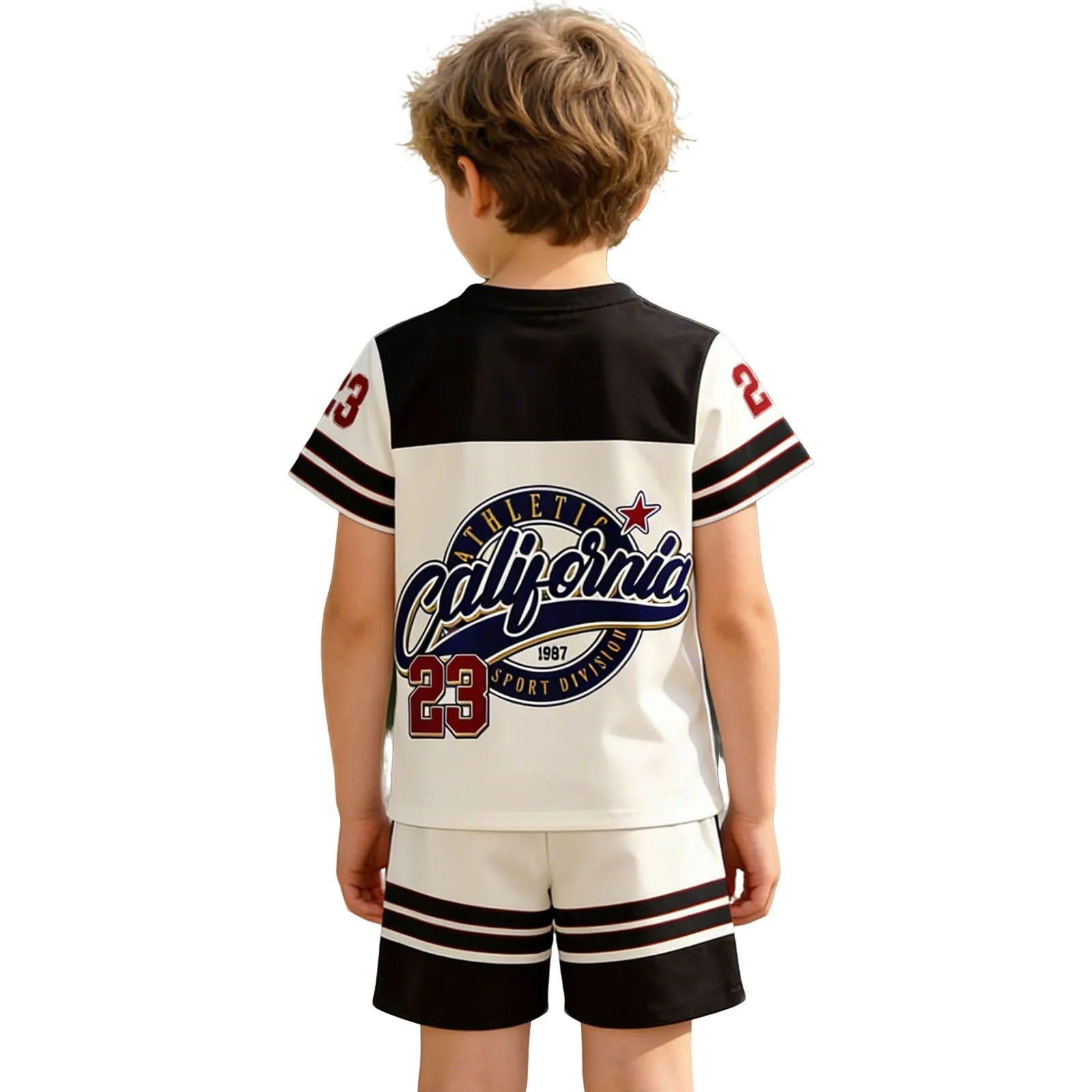 

Kids Boys Sports Training Costume Color Block Striped Short-sleeve Letter Number Printed T-shirt with Shorts for Daily Exercise