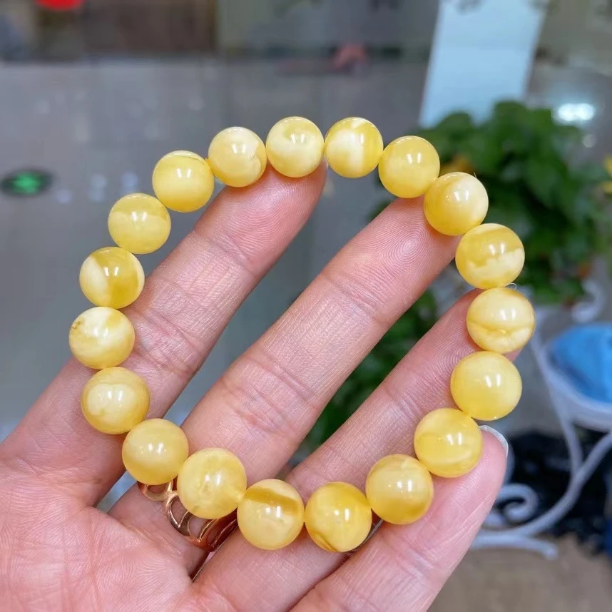 Natural Yellow Amber Round Beads Bracelet Gemstone Women Men Healing 10mm Stretch Amber Jewelry AAAAAA