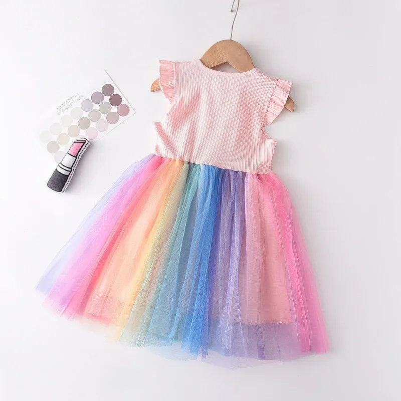 Flying Sleeve Girls Colorful Dress Summer Kids Rainbow Mesh Party Dresses Children Clothing Vestidos Outfits