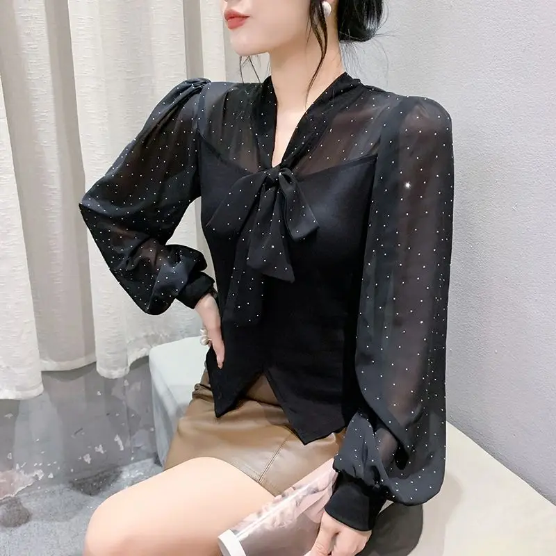 Bow Tie Tied Chiffon Shirt Women's Long Sleeved Rhinestone Hot Pressed Small Shirt Versatile Slimming Base Top