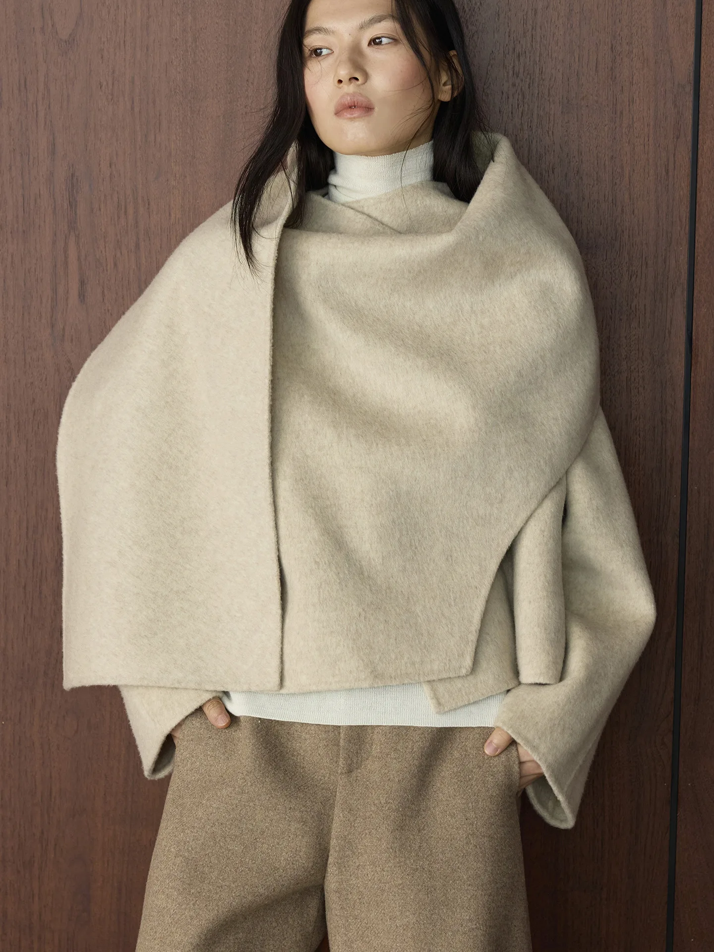 Winter new Korean style fashionable slanted collar irregular wool double-sided woolen coat silhouette warm jacket for women