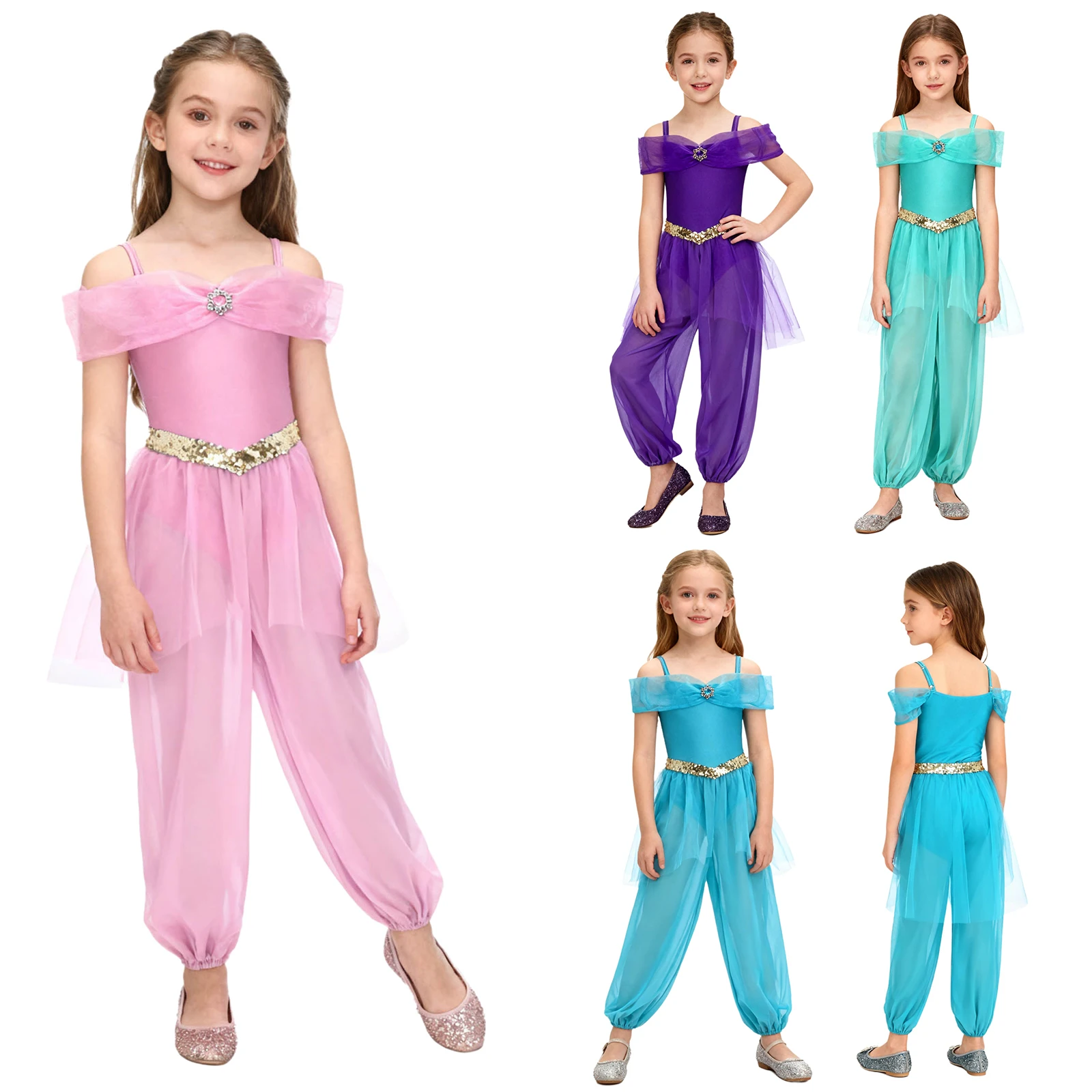 Image 4: Costume de Cosplay de princesse arabe pour filles, combinaison superposée en maille à paillettes, body de danse du ventre pour fête à thème de carnaval d'halloween