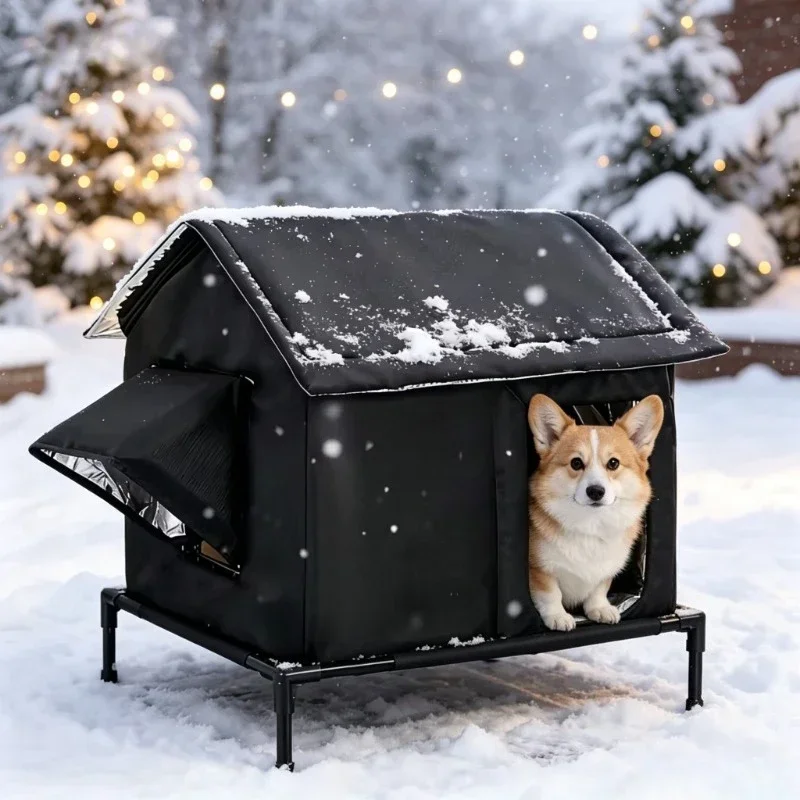 Winter Insulated Raised Dog House Waterproof Outdoor Stray Dog Shelter Heat Retention Pet for Small Medium Dogs in Snowy Yard