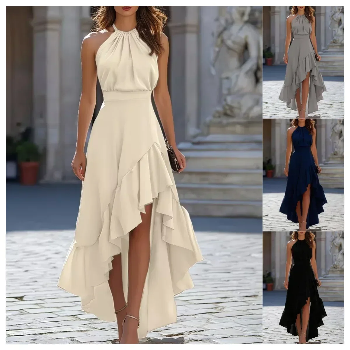 Damen Neckholder Ärmelloses Maxikleid mit Elastischem Bund, Asymmetrischem Rüschensaum, Fließendes Elegantes Abendkleid für Hochzeitsgäste – Detail 2