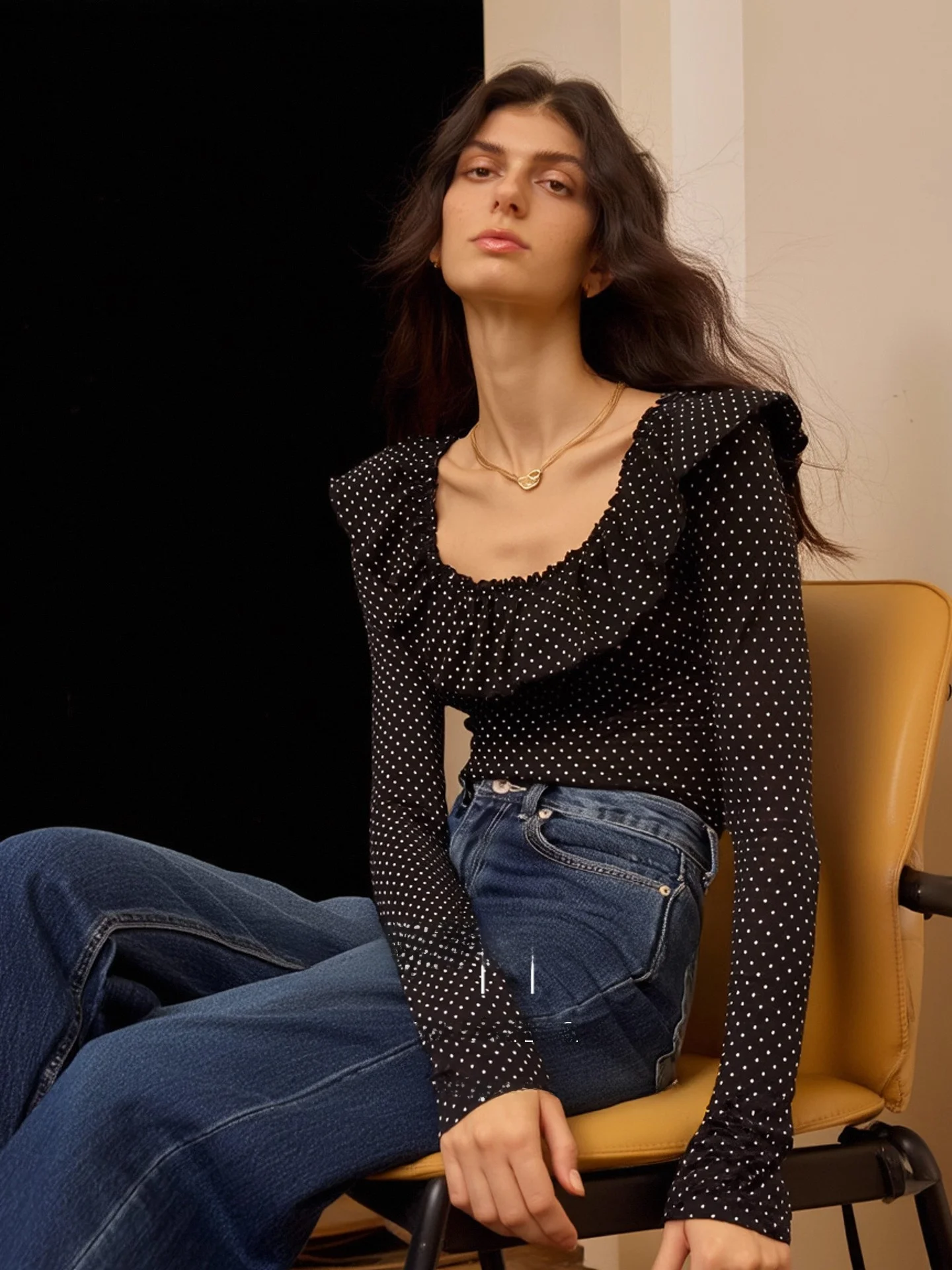 

Bla Polka Dot Suit with Bell Sves Slim Fit round Ne Spring New Sle Women's High Waist ort Pants