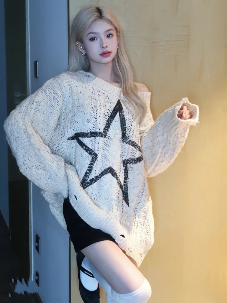 

Hollow Out Knitted Jumper Y2K Vintage Star Sweater Women Harajuku Kpop Grunge Oversized Knitwear Tops Fairycore Korean