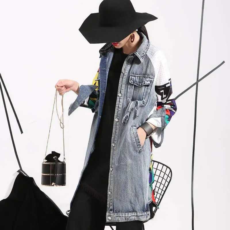 2024 Spring Autumn Women Casual Denim Trench Coat Fashion Graffiti Creative Pattern Jacket Female Loose Washed Denim Jacket