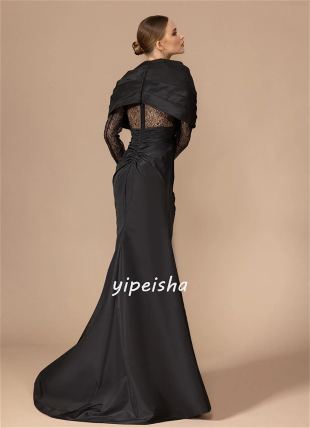 Modern Style Jersey Sequined Beading Ruched Mermaid High Collar Long Dresses Evening Dresses Pastrol Unisex Chinese Style Retro