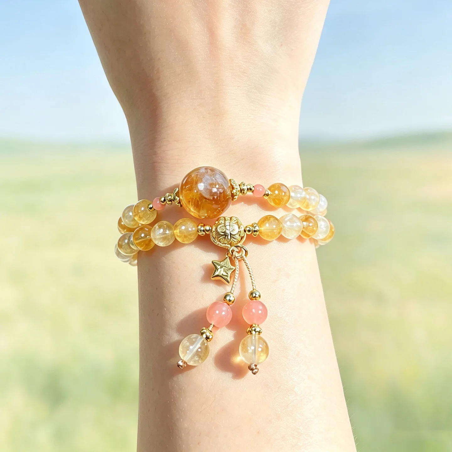 Natural Chinese Style Lucky Citrine Double Strand Bracelet Wealth Attracting Golden Rutilated Quartz Hand Polished Delicate Good