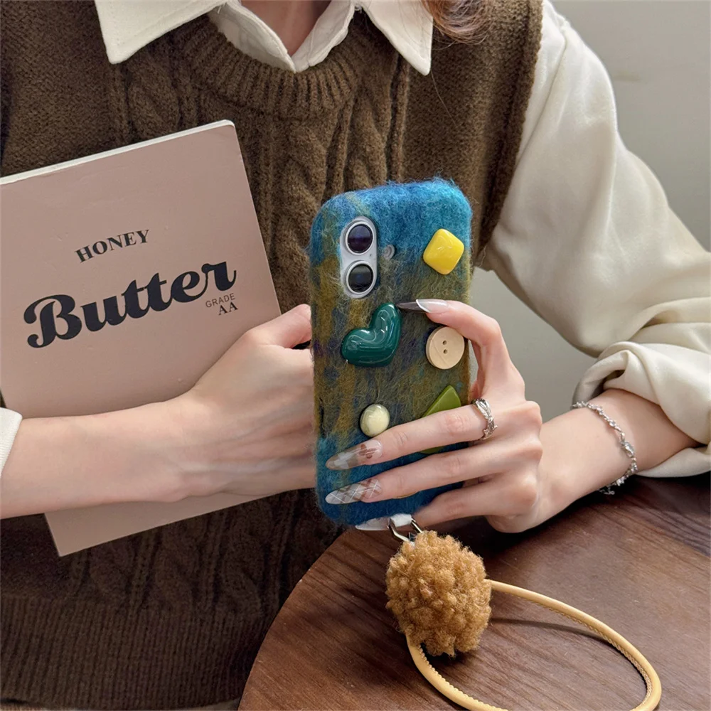 Korea Cute Plaid colors phone Case for iPhone 18 17 Pro 13 14 15 16 17 18 Pro Max Shockproof with hair ball Chain Cover Cases