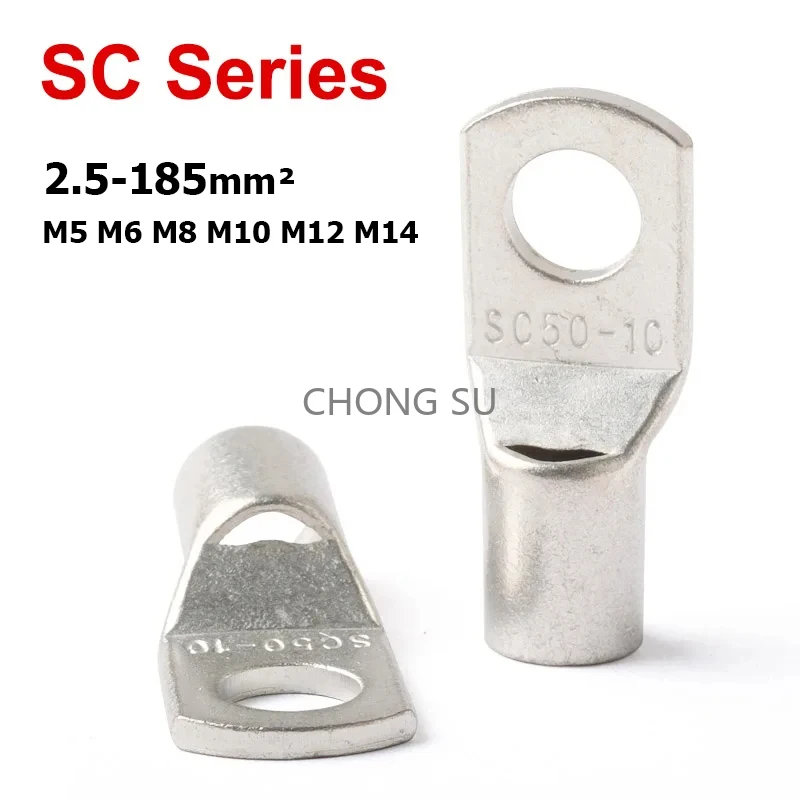 1-50pcs SC-2.5 4 6 10 16 25 35 50 70 95 120 150 185 Wire Nose Copper Terminals Battery Cable Lugs Screw Hole M5M6 M8 M10 M12 M14