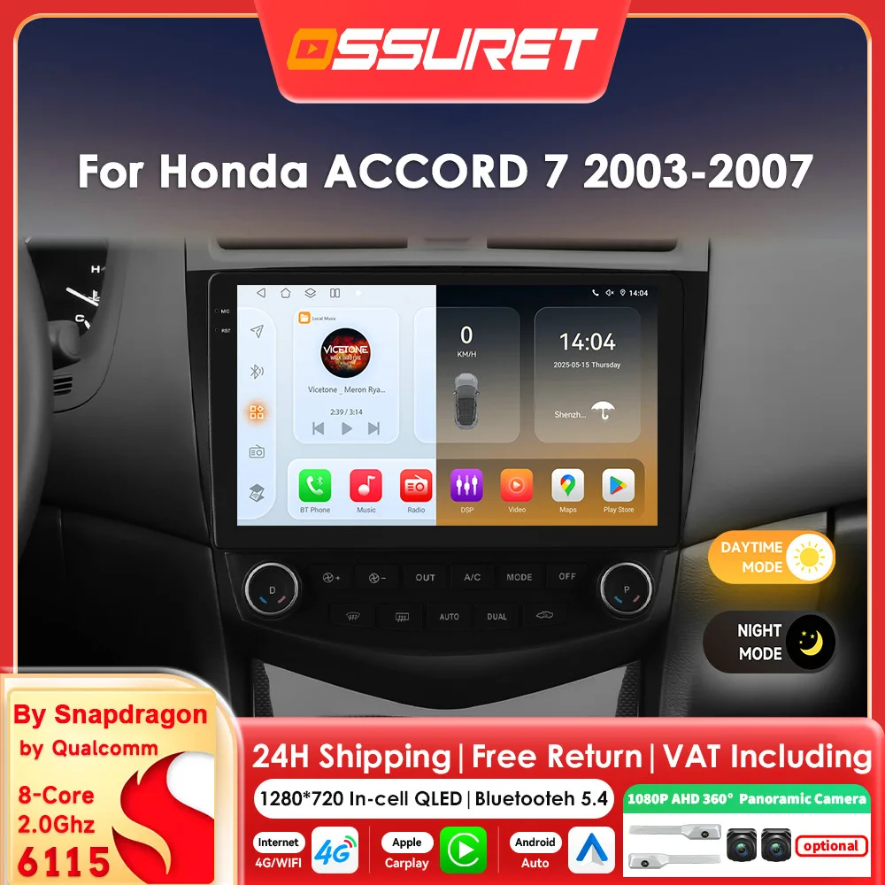 Android Auto Autoradio mit intelligenten Systemen für Honda ACCORD 7 2003 - 2007, Carplay 2DIN, 360-Grad-Kamera, Autoradio GPS 6115 Octa-Core Head Unit, RDS, DSP, 4G, WLAN, Bildschirm