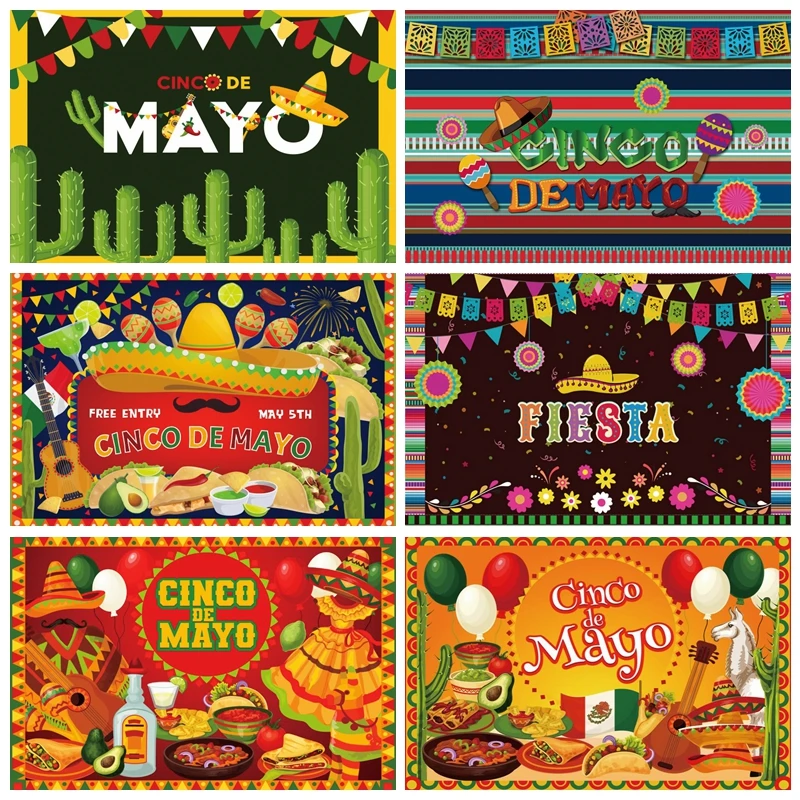 

Mexico Cinco de Mayo Photography Backdrop May 5 Cactus Hat Guiter Carnival Party Photographic Background Photo Studio Photozone