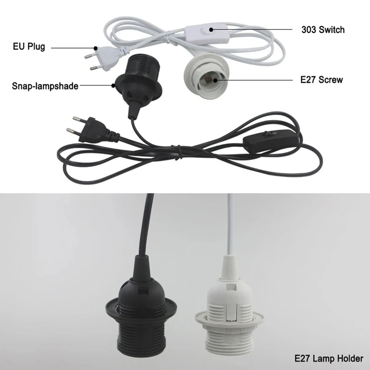 EU/US Plug 1.8m Netsnoer Kabels E27 Volledige Tanden Lampvoet Houder Met Schakelaar Draad Voor hanger Armatuur Hang lamp