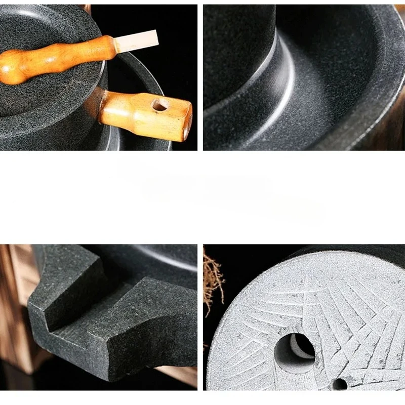 Polish Black Stone Mill With Wood Stand Custom Grain Manual Stone Mill Hand Made Stone Mill