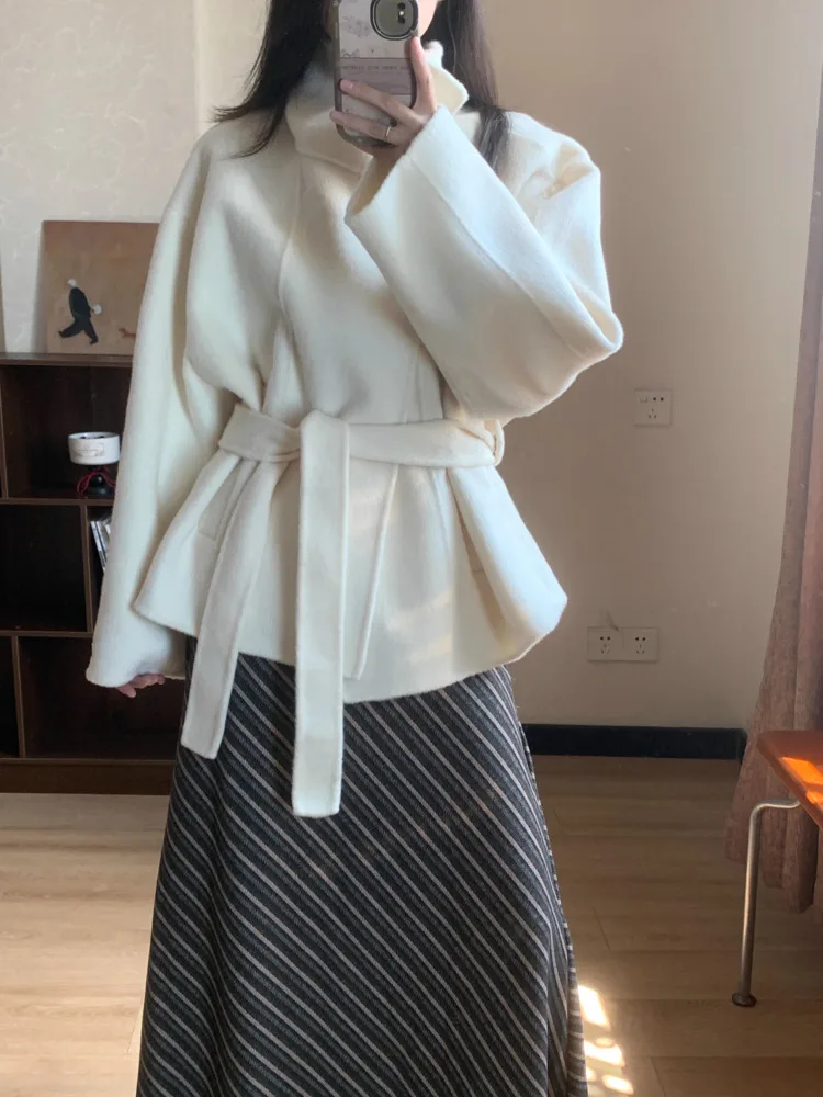 DFDG 2025 Fall Winter Women’s Handmade Wool Coat Double-Faced Belted Cropped Jacket Oversized Stand Collar Designer Outerwear