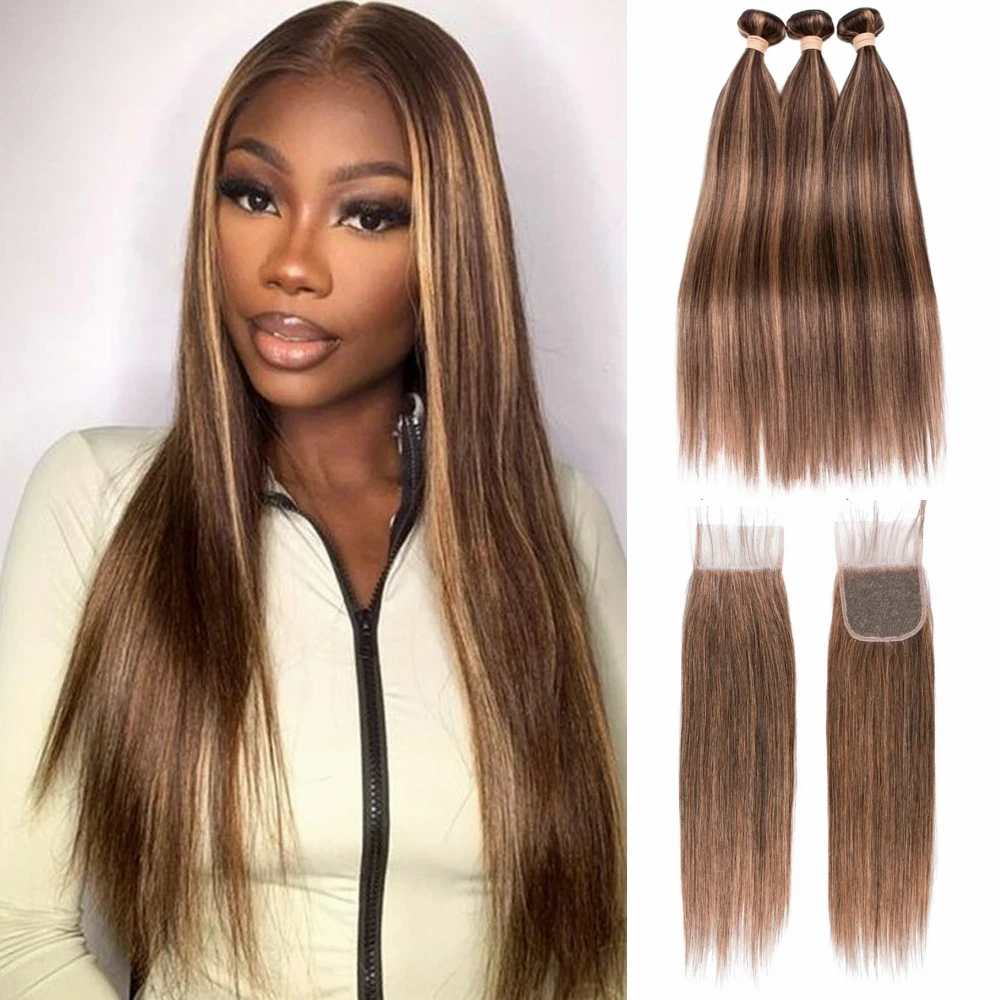 

P4/27 Highlight Straight Bundles Human Hair Bundles With 4x4 Lace Closure Brazilian Remy Brown Hair Weave Bundles With Closure