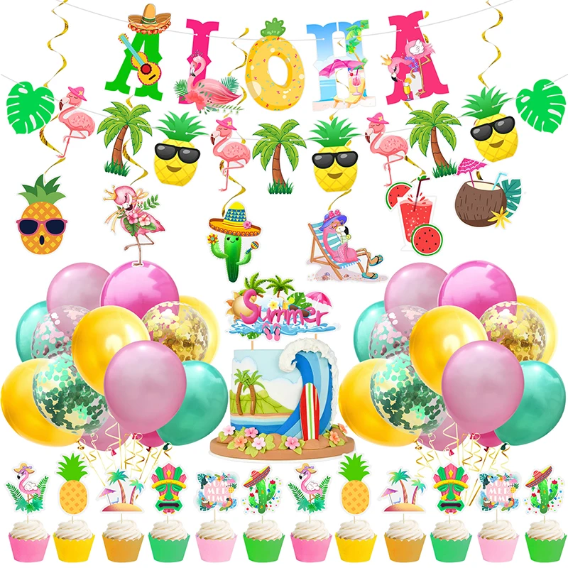 Hawaiian Party Decorations Flamingo Garlands Banner Balloons For ALOHA Luau Party Tropical Summer Beach Birthday Party Supplies