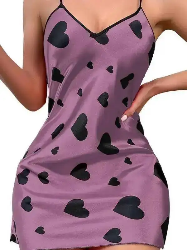Summer Ice Silk Nightdress Women Sexy Strap Sleeveless Dress Elegant Backless Nightgown Heart Short Dress Pure Desire Charm 6SJZ