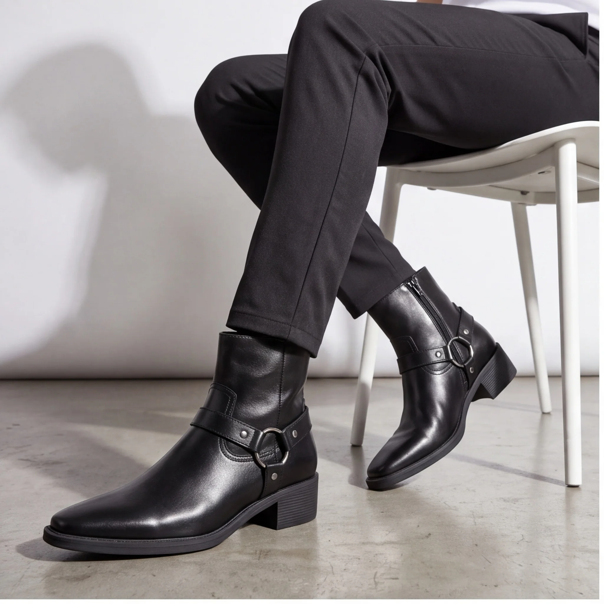 Chelsea-Stiefel für Herren, schwarze Schnallen-Knöchelstiefel mit seitlichem Reißverschluss, spitze Zehenpartie, Blockabsatz – Detail 1